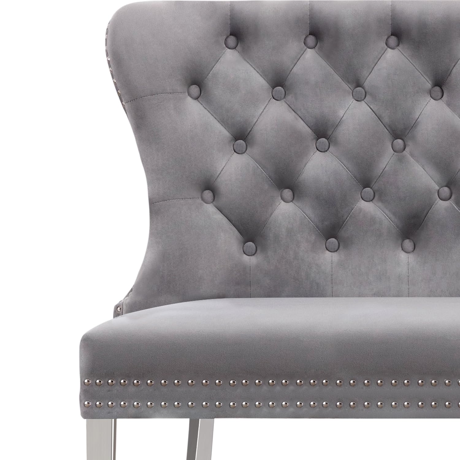 UDAX Velvet Bench with Back, Upholstered Armless Couch Settee with Button Tufted Backrest Nailhead Around, Light Grey