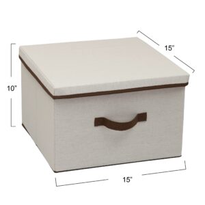 Household Essentials Square KD Storage Box With Lid, 15”x15”x10”, Breathable Canvas Sides With Sturdy Sides, Natural with Brown Trim