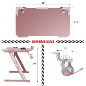 Shahoo PC Gaming Desk 44 Inch Z Shaped Carbon Fiber Surface Desktop Computer Table with Cup Holder & Headphone Hook, 44 in, Pink