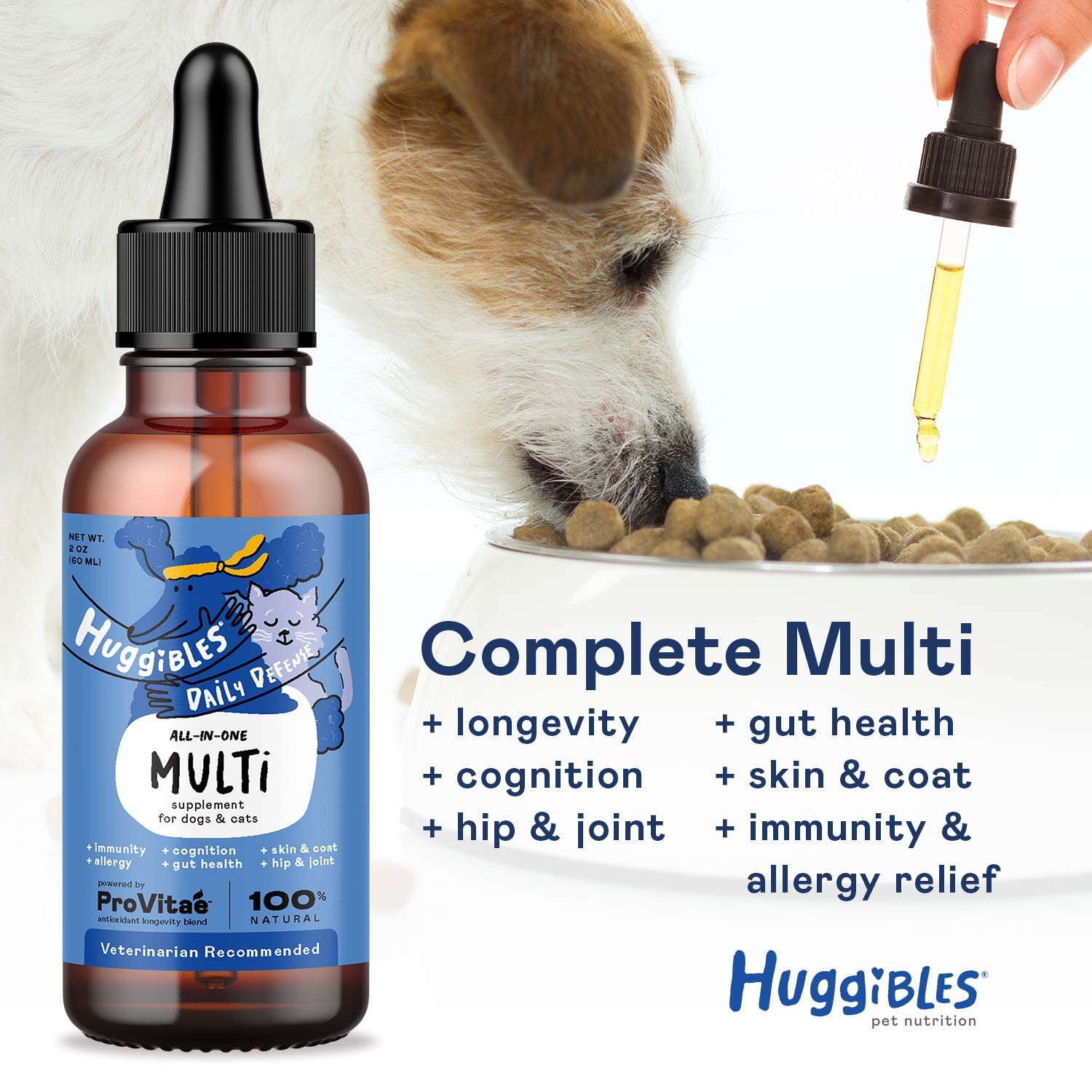 HUGGIBLES All-in-One Multivitamin and Stress & Anxiety Liquid Bundle for Dogs and Cats, Pet Food Additive for Digestive Support & Immunity - Calming Stress & Anxiety Support, Promotes Longevity