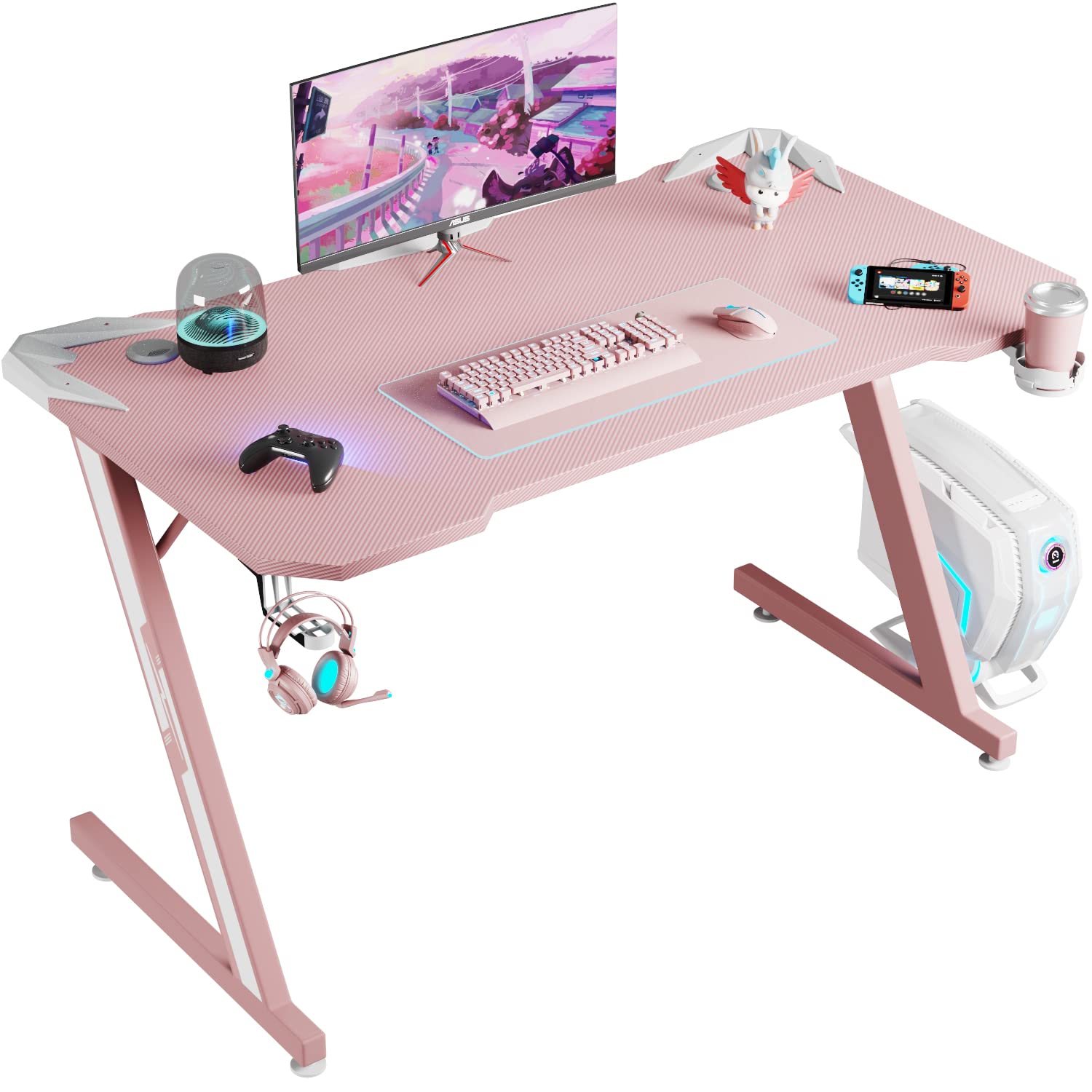 Shahoo PC Gaming Desk 44 Inch Z Shaped Carbon Fiber Surface Desktop Computer Table with Cup Holder & Headphone Hook, 44 in, Pink