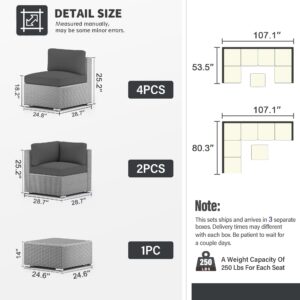 Patiomore 7-Piece Outdoor Patio Sectional Sofa Sets, Grey PE Wicker Furniture Set with Glass Coffee Table, Grey Cushion