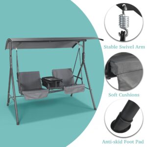 OKL 2 Seat Outdoor Patio Swing Chair, Canopy Swing with Cooler Removable Cushion and Weather Resistant Steel Frame, Hanging Porch Gray