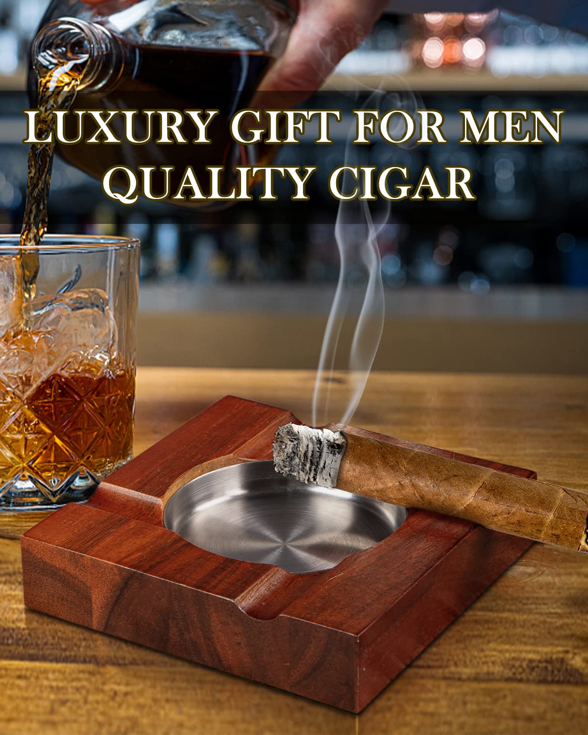 Wood Cigar Ashtray Cigar Accessories Cigarettes Ashtrays for Indoor Outdoor Patio Home Office Use Square Wooden Brown Cigar Ash Tray Cigar Gift Sets for Men with GIFT BOX (Classic)