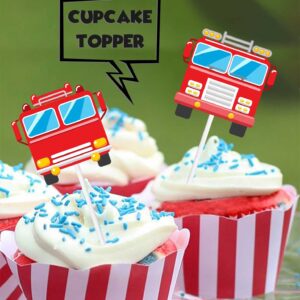 18pcs Red Glitter Fire Truck Dessert Cupcake Topper Firefighter Fireman Cars Theme Decor Supplies Baby Shower Boy Girl Happy Birthday Party Decorations