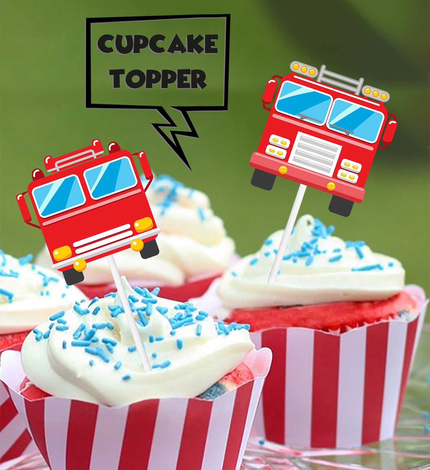 18pcs Red Glitter Fire Truck Dessert Cupcake Topper Firefighter Fireman Cars Theme Decor Supplies Baby Shower Boy Girl Happy Birthday Party Decorations