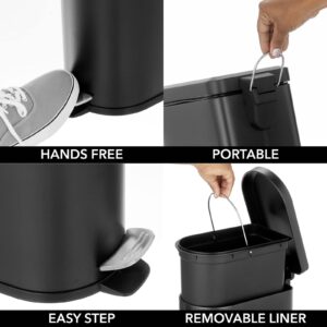 mDesign Small 1.3 Gallon Stainless Steel Metal Step Trash Can Garbage Bin for Bathroom, Bedroom, or Home Office - D-Shape Trashcan with Foot Pedal and Lid - Removable Liner Bucket with Handles, Black