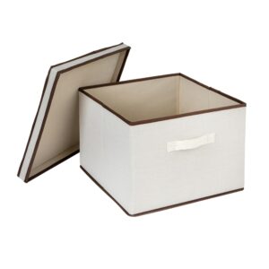 Household Essentials Square KD Storage Box With Lid, 15”x15”x10”, Breathable Canvas Sides With Sturdy Sides, Natural with Brown Trim