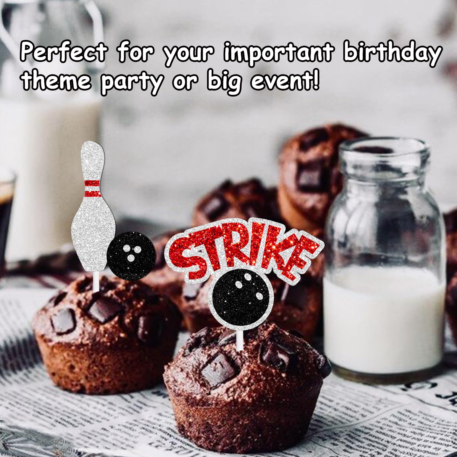 18pcs Black Glitter Bowling Dessert Cupcake Topper Bowling Strike Entertainment Theme Decor Supplies Baby Shower Boys Girls Happy Birthday Party Decorations