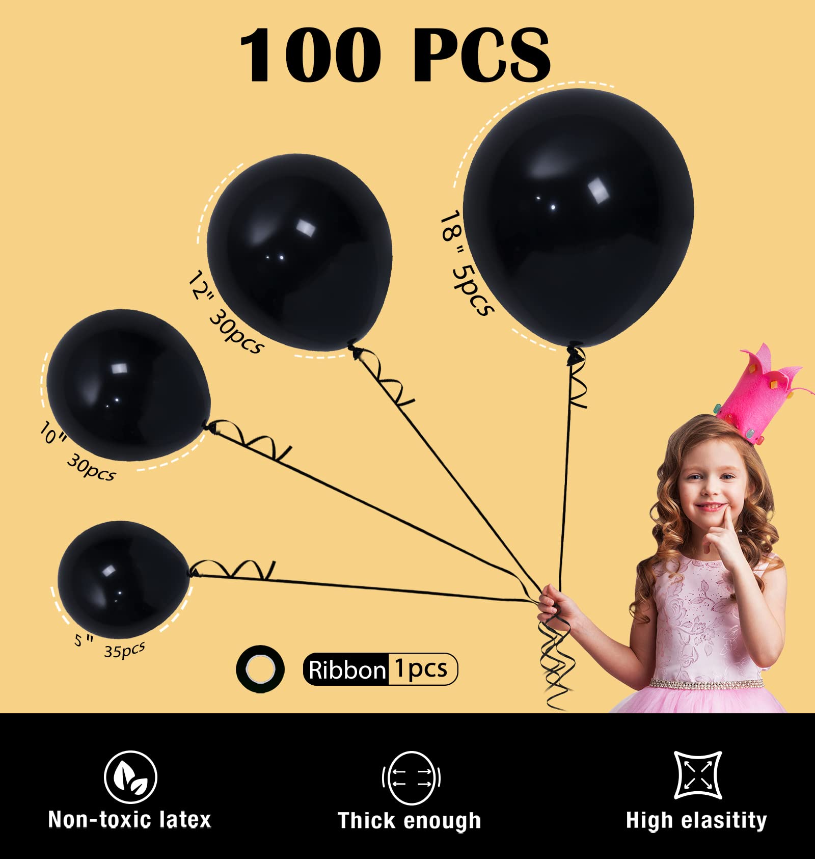 Ponamfo Black Party Latex Balloons - 100Pcs 18"+12"+10"+5" Ballons Balloon Arch Kit as Birthday Party Balloons Baby Shower Balloons Wedding Anniversary Bridal Shower Party Decorations