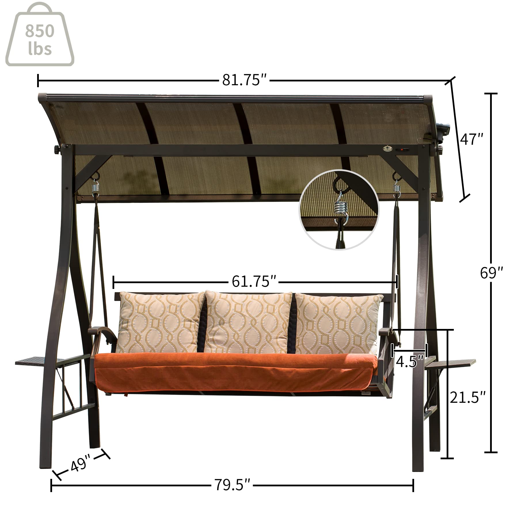 Patio Porch Swing 3 Person Adjustable Canopy Deluxe Hammock Swing Glider with Solar LED Light and 3 Sunbrella Cushions for Outdoor Garden, Balcony, Backyard by Domi outdoor living