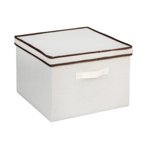 household essentials square kd storage box with lid, 15”x15”x10”, breathable canvas sides with sturdy sides, natural with brown trim