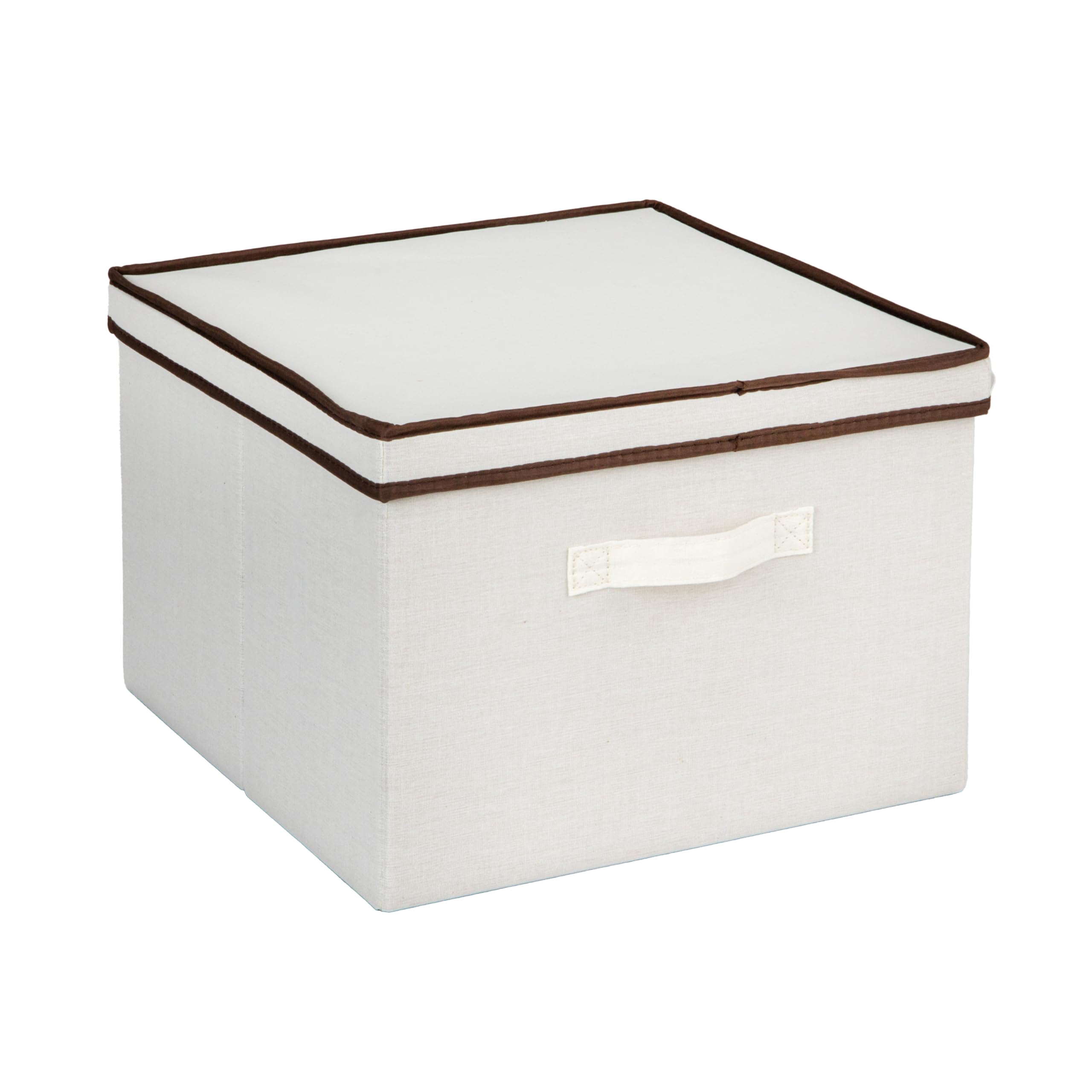 Household Essentials Square KD Storage Box With Lid, 15”x15”x10”, Breathable Canvas Sides With Sturdy Sides, Natural with Brown Trim