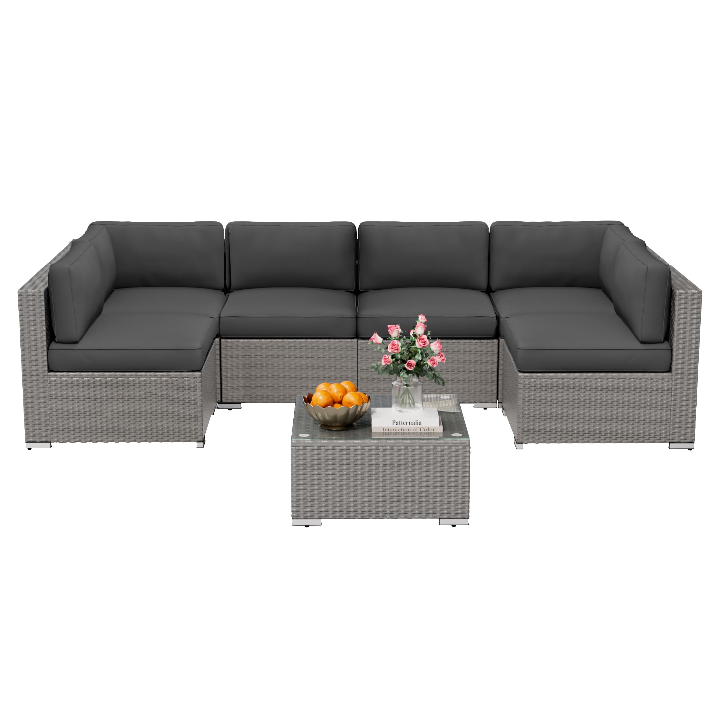 Betterland 7 Piece Outdoor Sectional Sofa Patio Furniture Set, All-Weather PE Grey Wicker Patio Conversation Set with Washable Cushion and Glass Table(Grey Cushions)