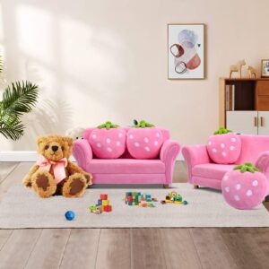 ARLIME Kids Sofa, Upholstered Toddler Couch Chair with Ergonomic Back & 2 Strawberry Pillows, Double Seat Toddler Armchair for Boys Girls