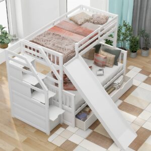 Harper & Bright Designs Bunk Bed with Slide and Stairs Twin Over Full Bunk Beds Wood Frame with Storage Drawers for Kids Boys Girls Teens, White