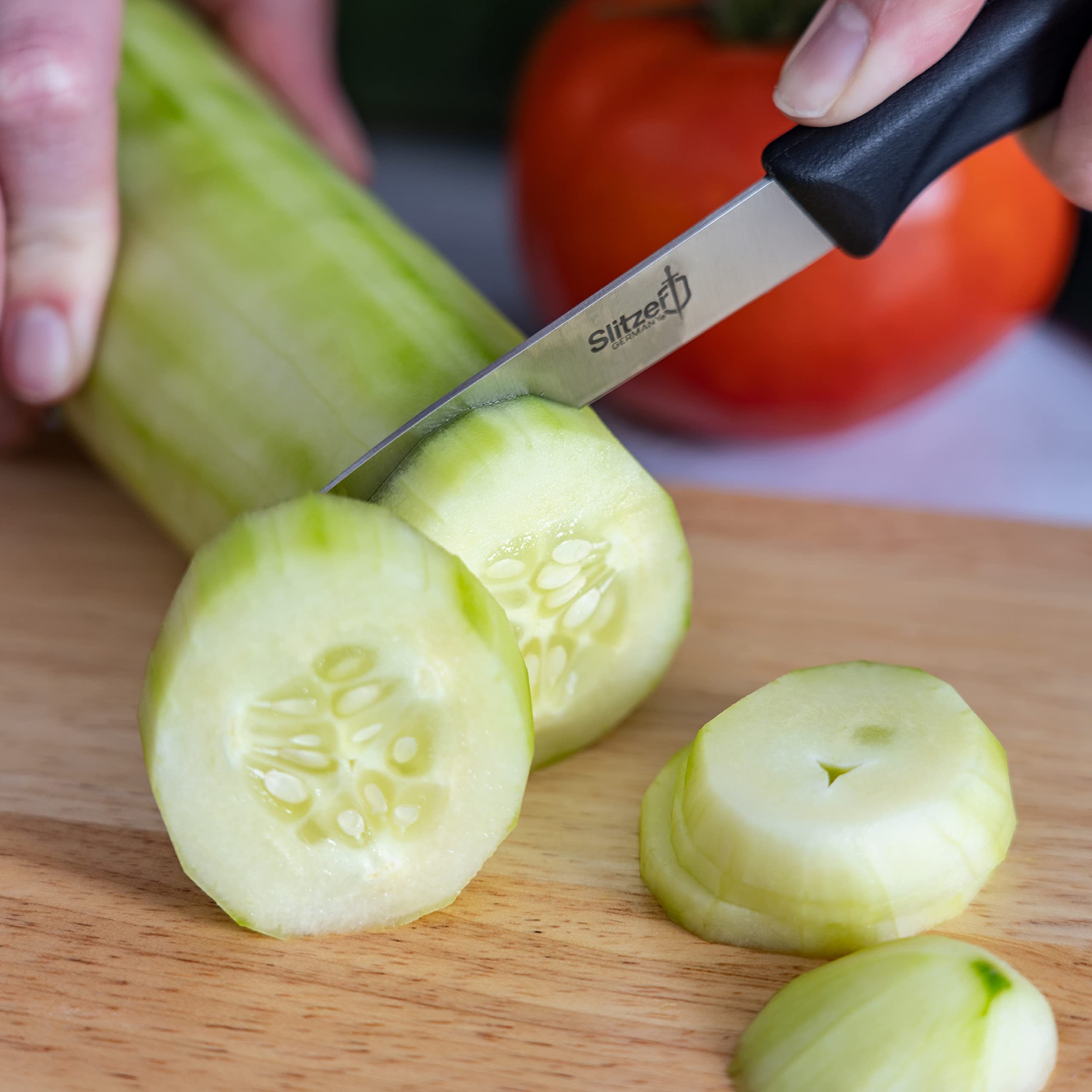 Slitzer Germany Cutting Board And Knife Set - German Stainless Steel 3.5 Inch Paring Knife, 4.5 Inch Utility Knife, Vegetable Peeler, 8x6 Inch Wooden Chopping Board