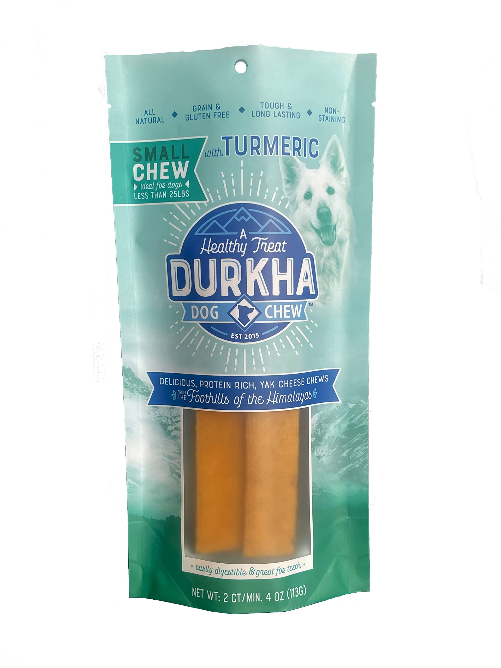 Durkha Himalayan Cheese Chews with Turmeric | Natural Long Lasting, Cheese Dog Treats| Great for Aggressive Chewers | Does Not Stain Carpets or Furniture. (1 Pack, Small (2CT/Min.4OZ))