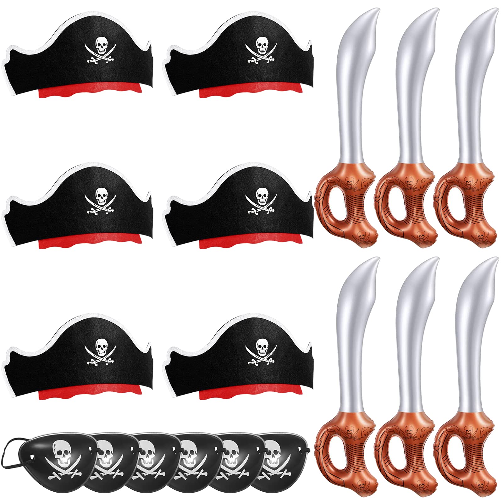 Legigo 18 Pcs Funny Pirate Party Set- Pirate Kids' Party Cosplay Supplies Include 6 Felt Pirate Hats, 6 Pirate Eye Patches, 6 Inflatable Swords for Caribbean Fancy Dress Cosplay Party Stage Prop