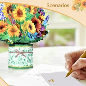 Sunflower 3D Pop-Up Card, Floral Greeting Card for Mother's Day, Summer Birthdays, Friendship Day, Graduation, Sunflower Bouquet Card for Mom, Grandma, Wife, or Friend, with Envelope and Note Card