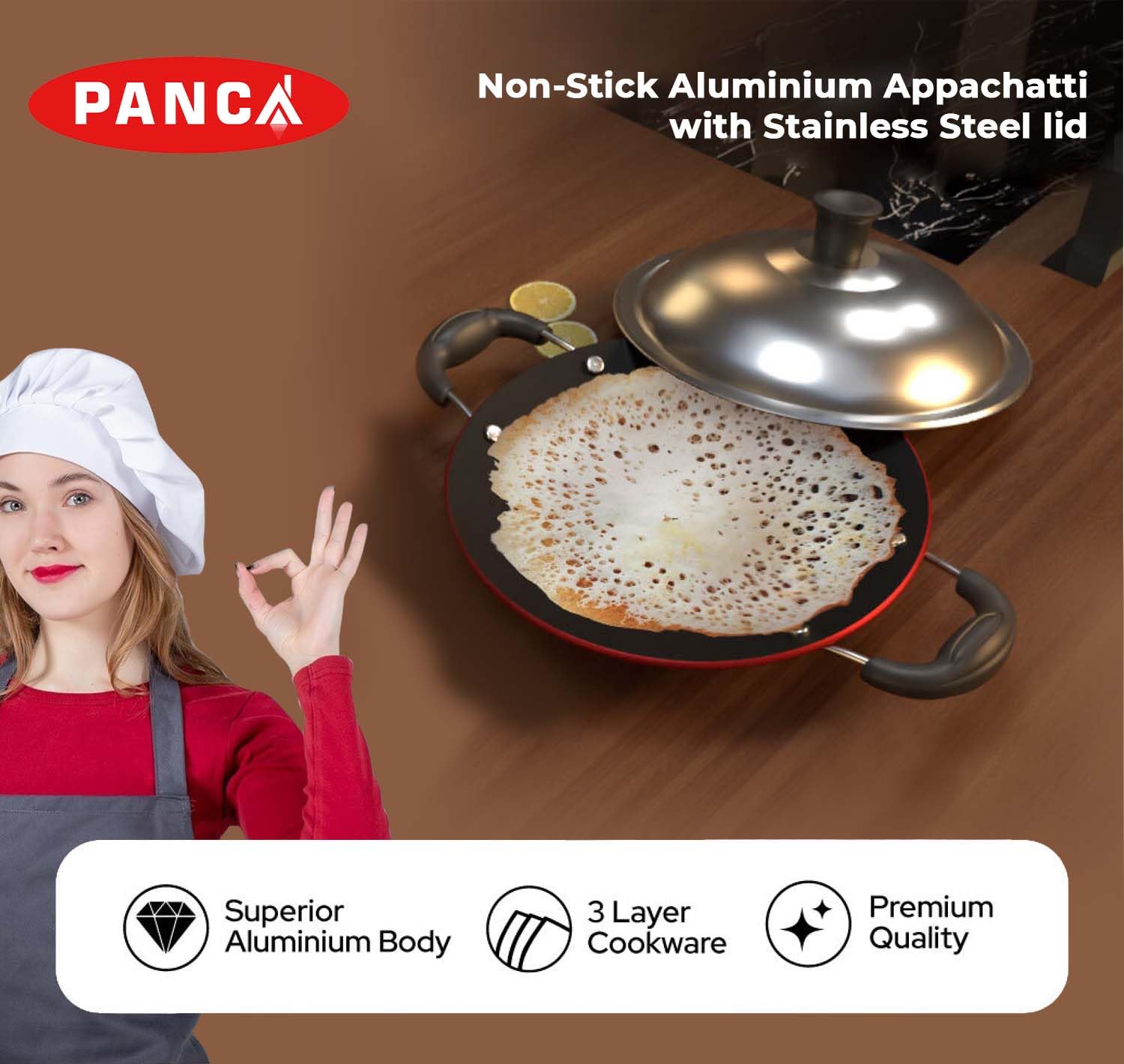 PANCA Non-Stick Aluminium Appachatti with Stainless Steel lid, 2.6mm, Red/Black, 23cm, Gas Compatible