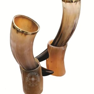 Set of Two Antique Style Horn Drinking Horn Mug with Stand Viking Style Beer Wine Mead Mug Wedding Gift