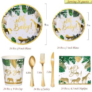 DEAYISTY Safari Baby Shower Plates, Cups, Napkins and Cutlery 168 Pcs, Oh Baby Paper Plates for Baby Shower Decorations Boy or Girl, Jungle Theme Party Supplies Tableware Set for 24 Guests