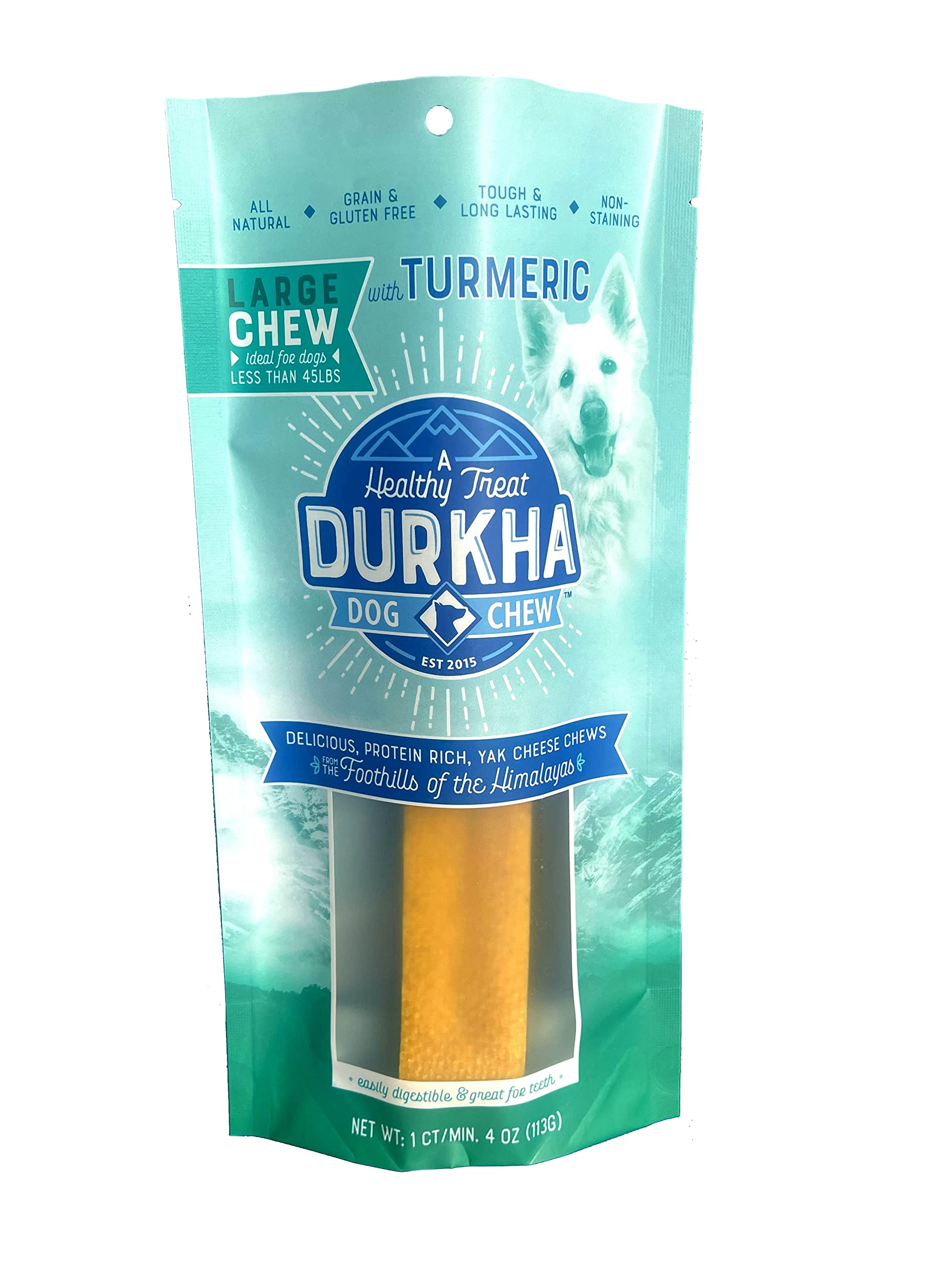 Durkha Himalayan Cheese Chews for Dogs with Turmeric | Natural Long Lasting Cheese Treats| Great for Aggressive Chewers | Does Not Stain Carpets or Furniture. (1 Pack, Large (1CT/Min.4OZ))