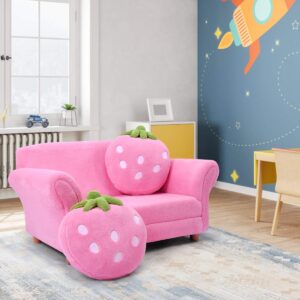 ARLIME Kids Sofa, Upholstered Toddler Couch Chair with Ergonomic Back & 2 Strawberry Pillows, Double Seat Toddler Armchair for Boys Girls