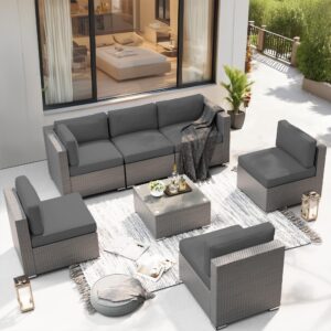 Patiomore 7-Piece Outdoor Patio Sectional Sofa Sets, Grey PE Wicker Furniture Set with Glass Coffee Table, Grey Cushion