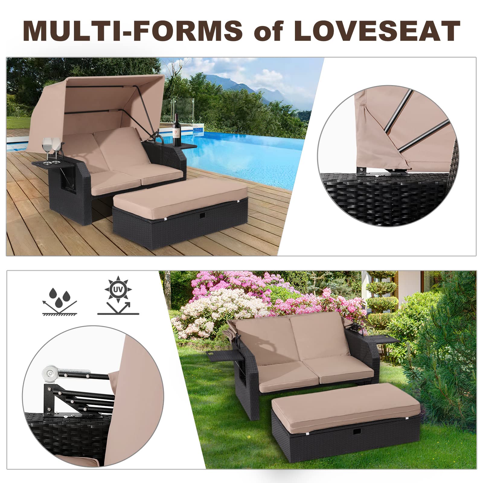 LVUYOYO Patio Wicker Furniture Set - Outdoor Rattan Sofa Set with Retractable Canopy, Side Table, Ottoman, Cushion - PE Rattan Loveseat for Backyard Porch Garden Poolside Balcony