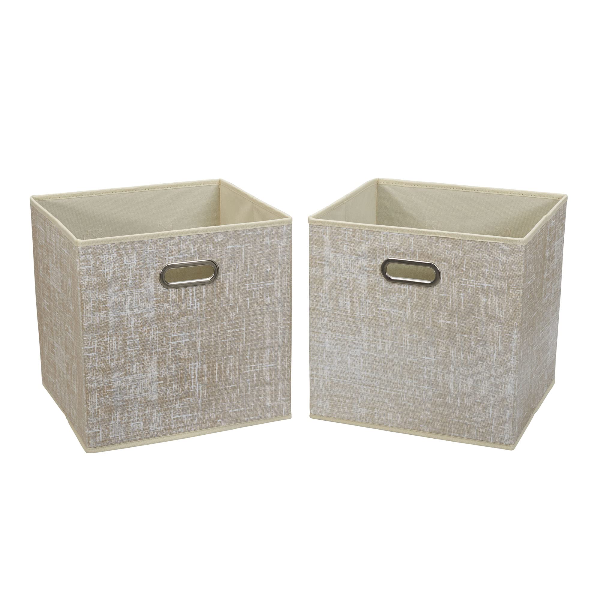 Household Essentials Fabric Storage Bins 2 Piece Set, Strong Poly-Woven Fabric, Sturdy Chipboard Sides, Grommet Front Handle, Stackable and Foldable, Classic Design, Tan Mix