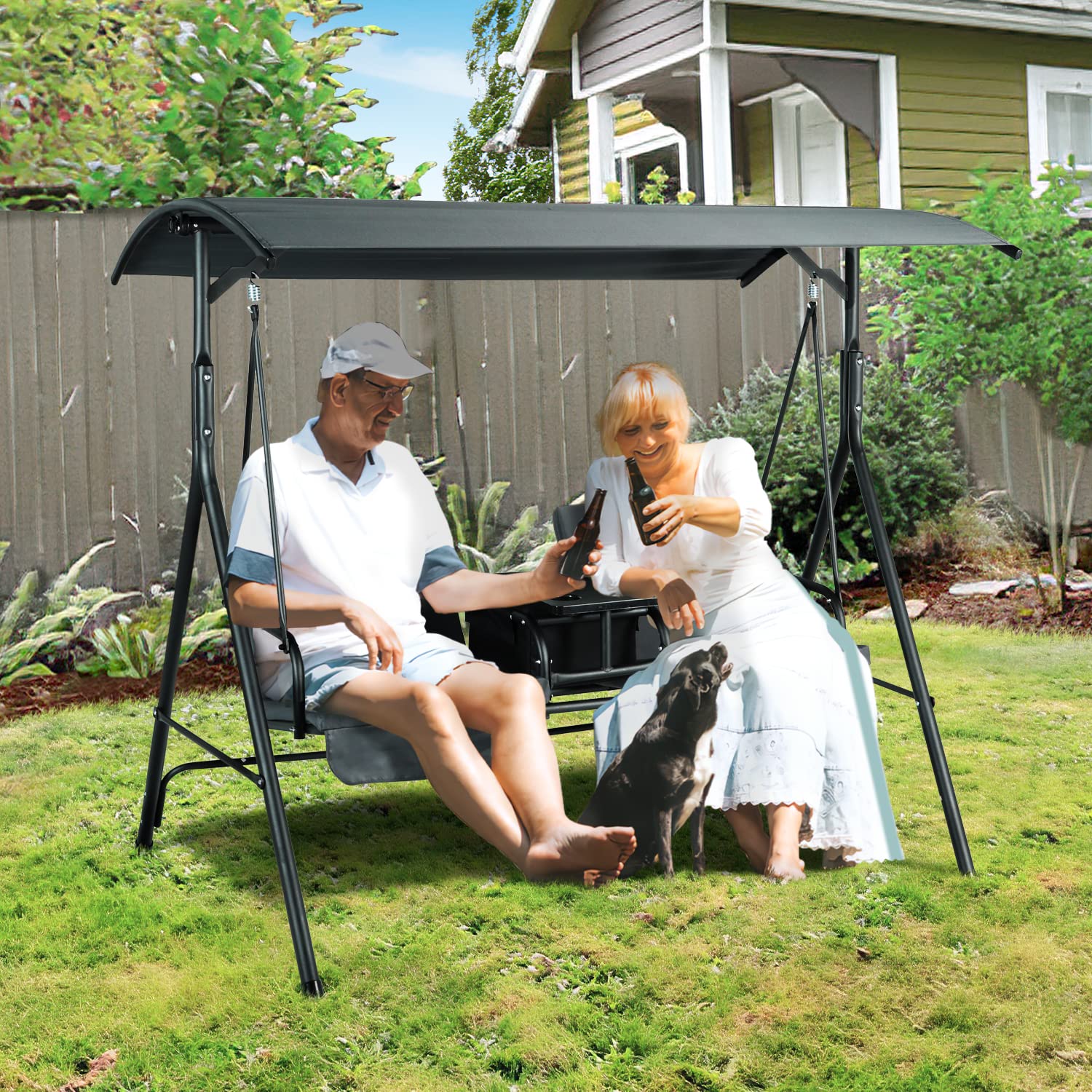 GRAVFORCE Outdoor Swing with Canopy, 2-Seat Porch Swing with Storage Cooler Bag, Adjustable Canopy Swing with Table & 2 Cup Holders, Patio Swing Sets for Backyard, Outside (Gray)