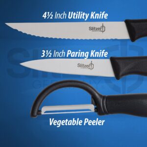 Slitzer Germany Cutting Board And Knife Set - German Stainless Steel 3.5 Inch Paring Knife, 4.5 Inch Utility Knife, Vegetable Peeler, 8x6 Inch Wooden Chopping Board