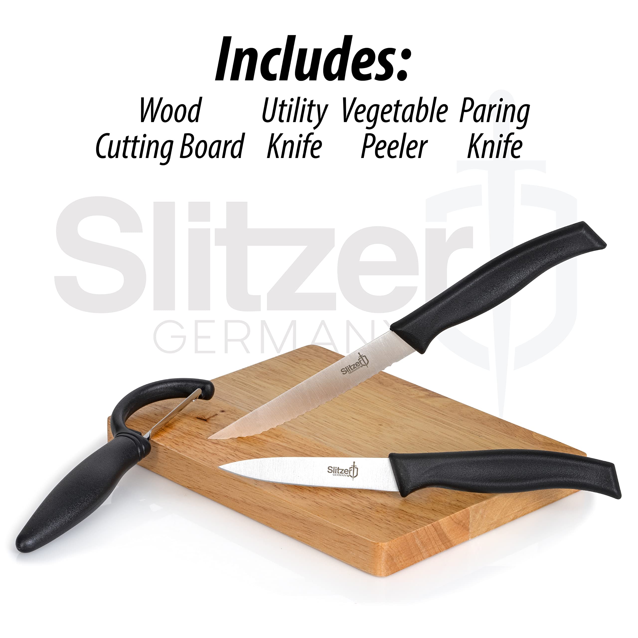 Slitzer Germany Cutting Board And Knife Set - German Stainless Steel 3.5 Inch Paring Knife, 4.5 Inch Utility Knife, Vegetable Peeler, 8x6 Inch Wooden Chopping Board