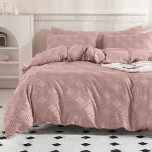 jellymoni pink duvet cover queen size - microfiber tufted duvet cover set, boho textured duvet cover jacquard rhombus geometric pattern duvet cover with corner ties & zipper closure