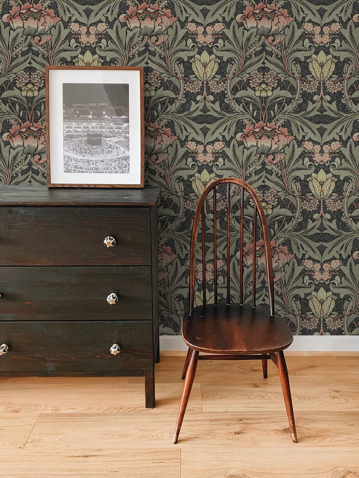 NextWall Acanthus Floral Peel and Stick Wallpaper (Charcoal & Rosewood)