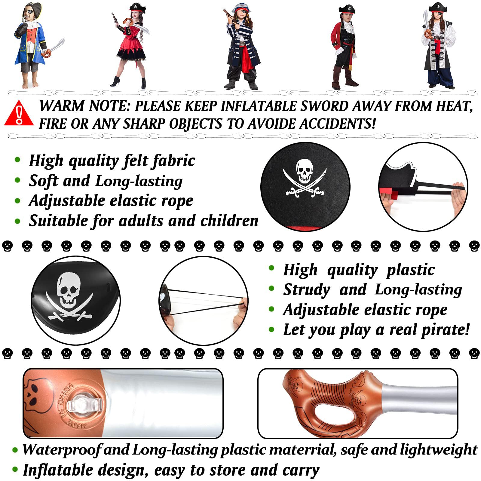 Legigo 18 Pcs Funny Pirate Party Set- Pirate Kids' Party Cosplay Supplies Include 6 Felt Pirate Hats, 6 Pirate Eye Patches, 6 Inflatable Swords for Caribbean Fancy Dress Cosplay Party Stage Prop