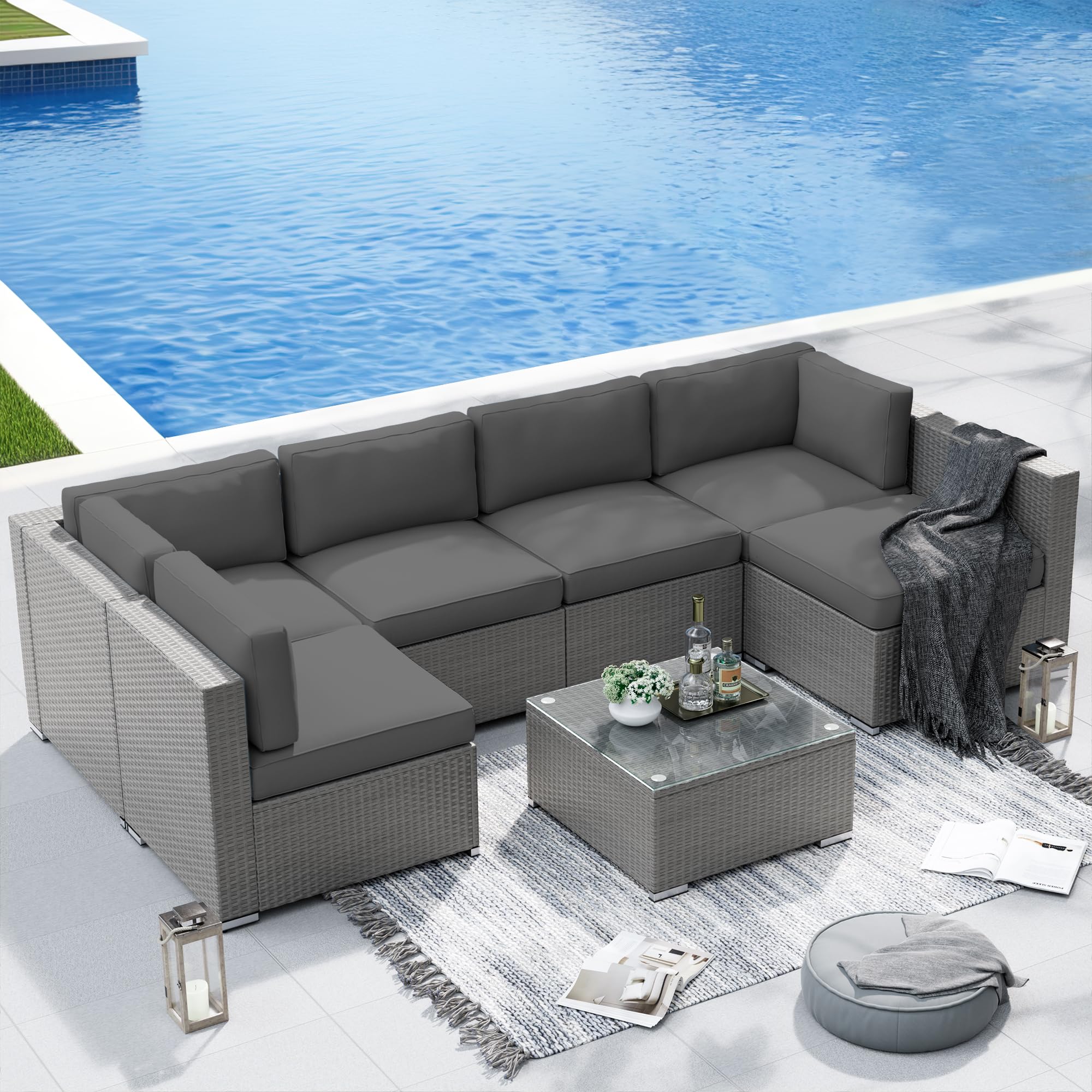 Patiomore 7-Piece Outdoor Patio Sectional Sofa Sets, Grey PE Wicker Furniture Set with Glass Coffee Table, Grey Cushion