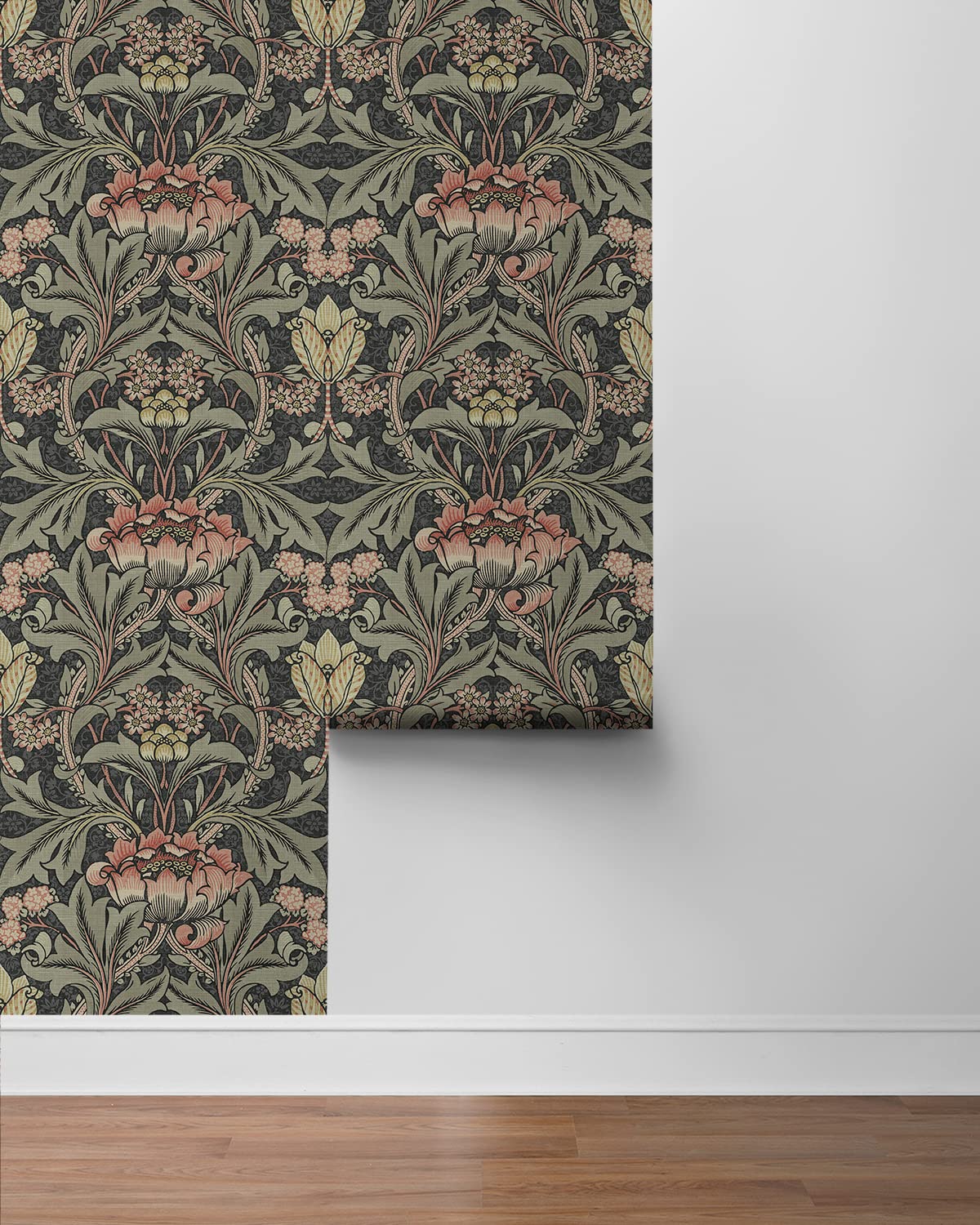 NextWall Acanthus Floral Peel and Stick Wallpaper (Charcoal & Rosewood)