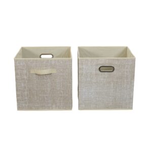 household essentials fabric storage bins 2 piece set, strong poly-woven fabric, sturdy chipboard sides, grommet front handle, stackable and foldable, classic design, tan mix