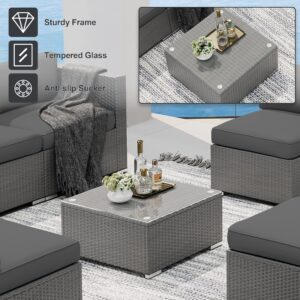 Patiomore 7-Piece Outdoor Patio Sectional Sofa Sets, Grey PE Wicker Furniture Set with Glass Coffee Table, Grey Cushion