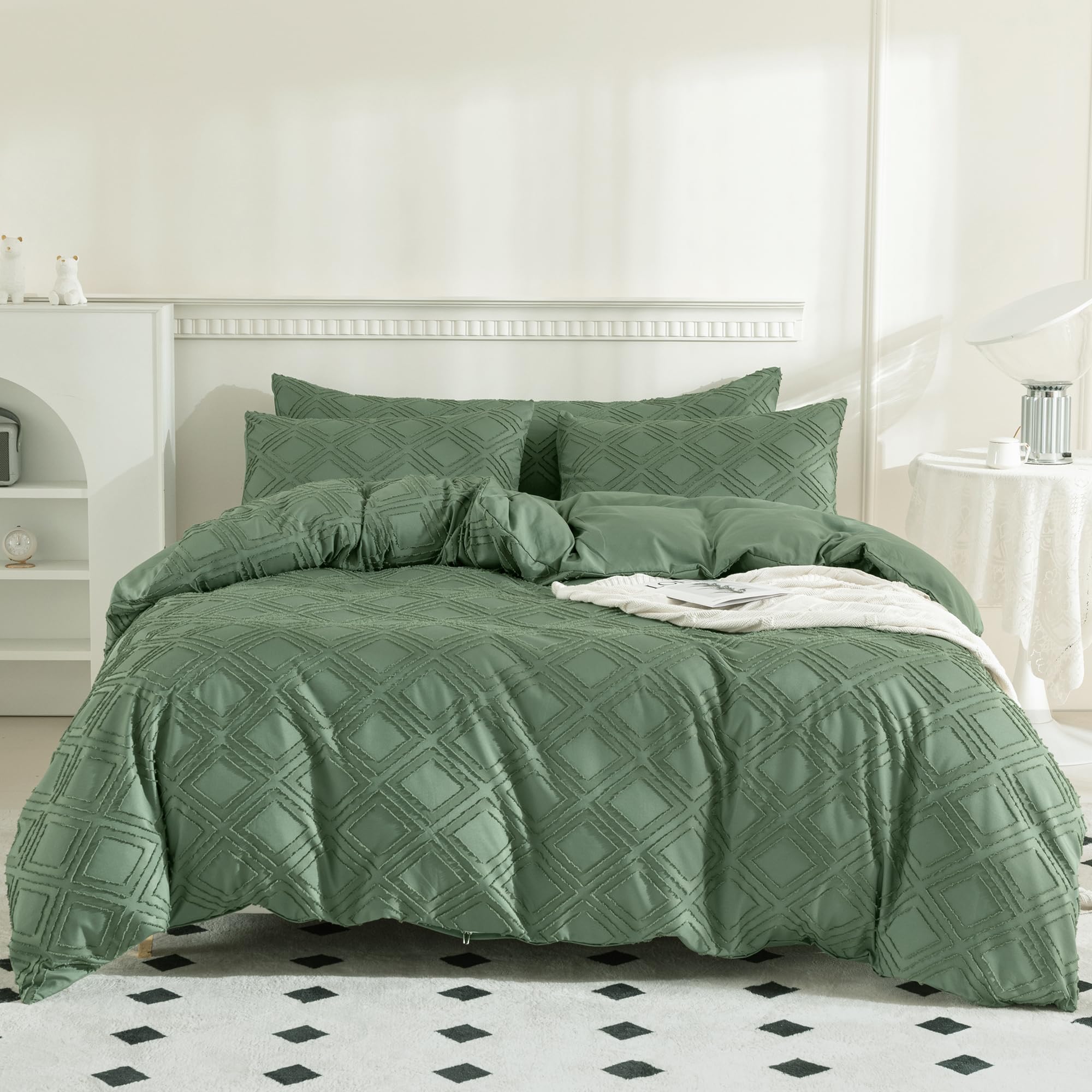 JELLYMONI Green Duvet Cover King Size - Microfiber Tufted Duvet Cover Set, Boho Textured Jacquard Rhombus Geometric Pattern Duvet Cover with Corner Ties & Zipper Closure