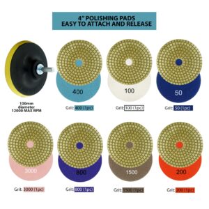 Performore Diamond Polishing Pads 4 Inch Diameter Wet/Dry Pads 8-Pack, 7 Pads with Varying Grit (#50-#3000) and 1 Backer Pad, Includes Drill Adapter for Stone Granite Marble or Concrete