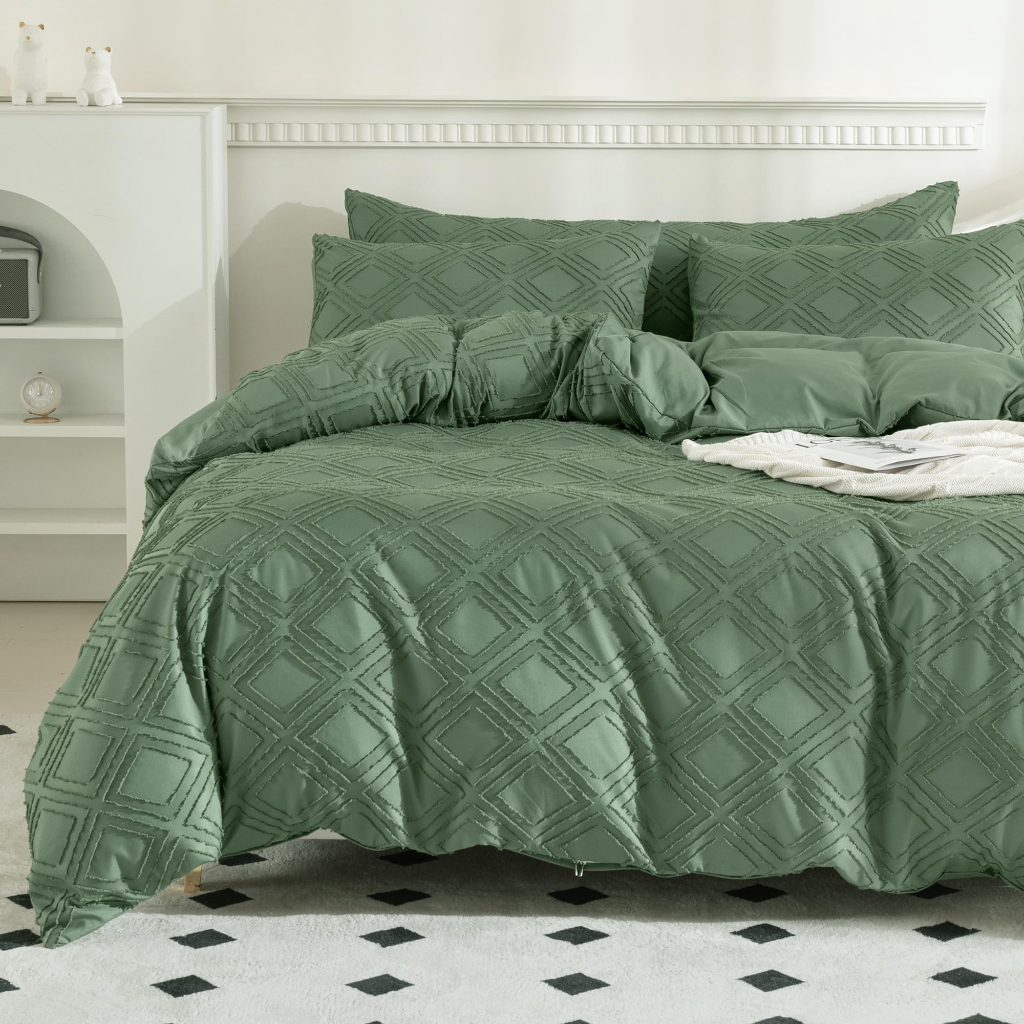 JELLYMONI Green Duvet Cover King Size - Microfiber Tufted Duvet Cover Set, Boho Textured Jacquard Rhombus Geometric Pattern Duvet Cover with Corner Ties & Zipper Closure