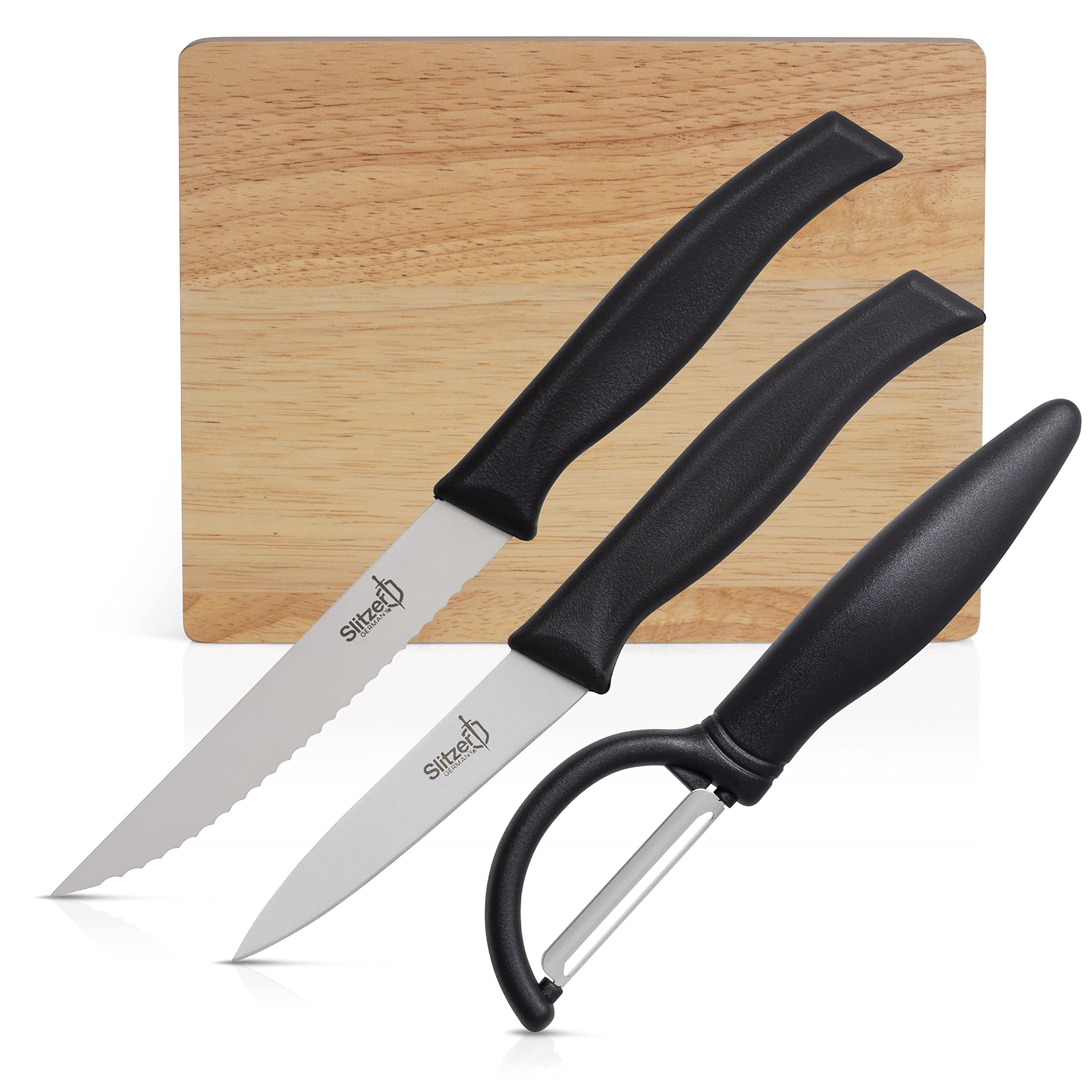 Slitzer Germany Cutting Board And Knife Set - German Stainless Steel 3.5 Inch Paring Knife, 4.5 Inch Utility Knife, Vegetable Peeler, 8x6 Inch Wooden Chopping Board