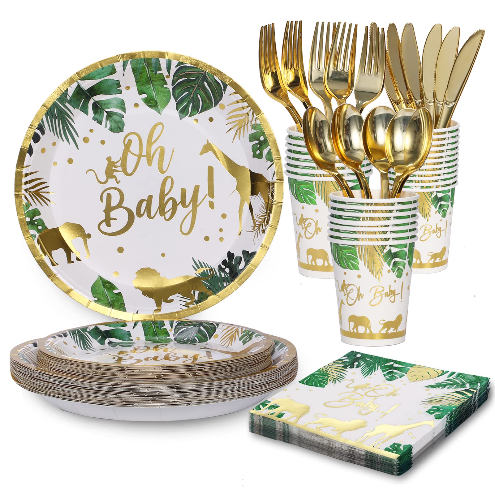 DEAYISTY Safari Baby Shower Plates, Cups, Napkins and Cutlery 168 Pcs, Oh Baby Paper Plates for Baby Shower Decorations Boy or Girl, Jungle Theme Party Supplies Tableware Set for 24 Guests