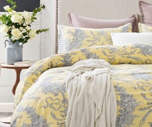 get bed ready toile de jouy victorian damask luxury duvet cover french country bedding set cotton vintage botanical garden bohemian pattern farmhouse decor (queen, yellow gray)