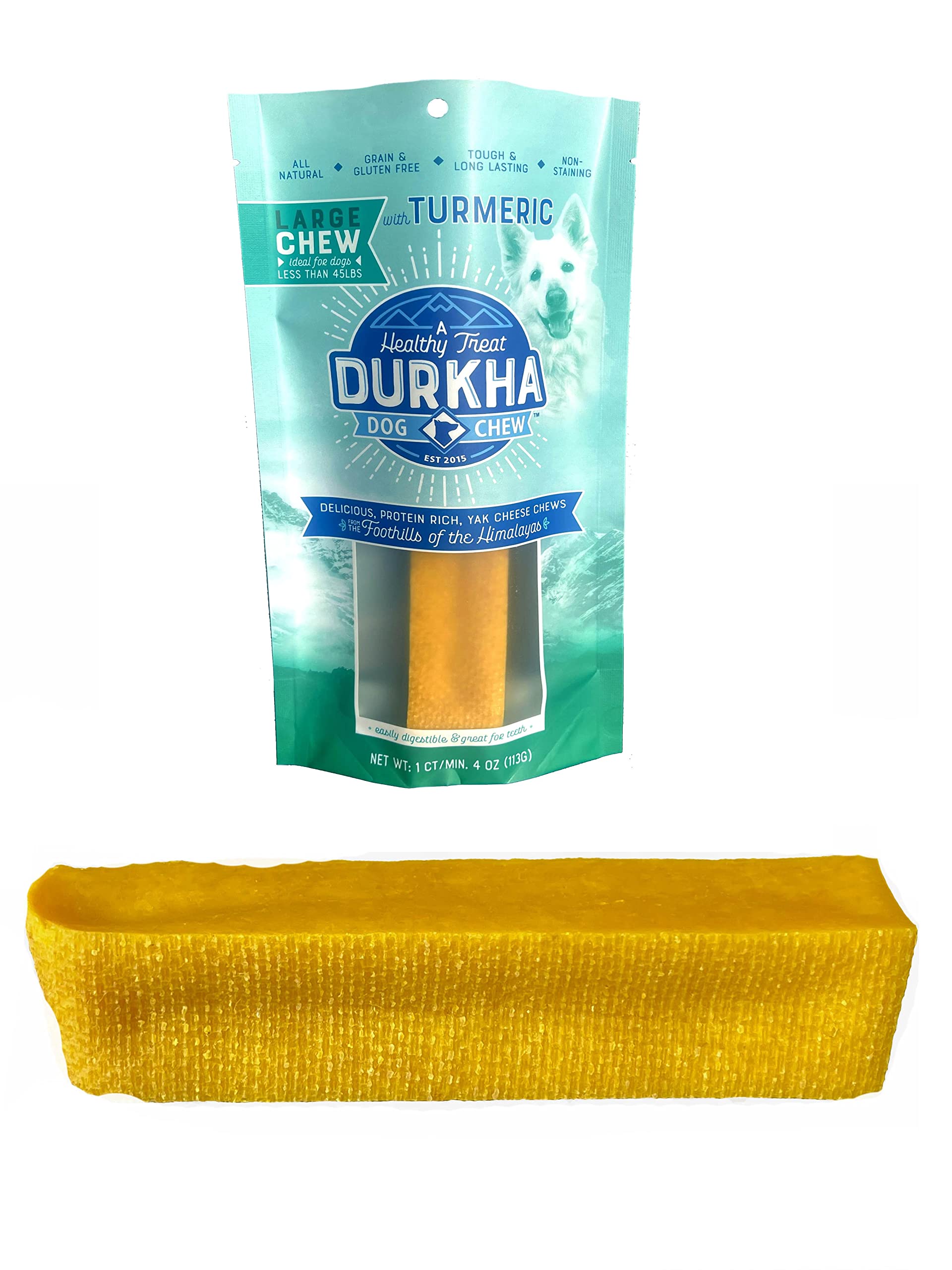 Durkha Himalayan Cheese Chews for Dogs with Turmeric | Natural Long Lasting Cheese Treats| Great for Aggressive Chewers | Does Not Stain Carpets or Furniture. (1 Pack, Large (1CT/Min.4OZ))