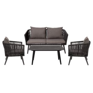 flash furniture kierra 4 piece indoor/outdoor seating set - black woven back & seat - gray zippered removable cushions - aluminum frames - black metal plank top table